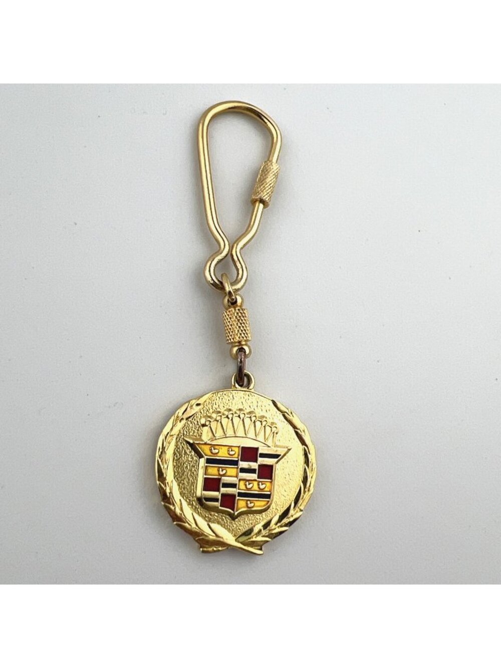 Vintage 80s Cadillac Wreath Crest Key Ring Key Chain w/ Carabiner Clip Key Fob